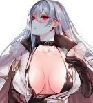  1girl azur_lane bangs black_bikini_top blush breasts cape choker cleavage coat coat_dress collarbone commentary elbow_gloves fur-trimmed_cape fur-trimmed_coat fur_collar fur_trim gloves hair_between_eyes halterneck hat head_tilt high_collar highres hyury jacket jacket_on_shoulders large_breasts long_hair looking_to_the_side military military_hat military_uniform mole mole_under_eye open_clothes open_jacket parted_lips red_lips silver_hair sovetskaya_rossiya_(azur_lane) sweat uniform white_coat 