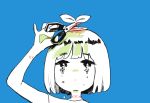  1girl bangs blue_background eyebrows_visible_through_hair highres holding holding_scissors leaf limited_palette original plant_on_head richard_(ri39p) scissors short_hair simple_background solo tears 