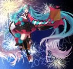  1girl 2020 absurdly_long_hair absurdres aqua_hair black_legwear black_skirt blue_eyes bow commentary copyright_name criss-cross_halter fang fireworks floating frilled_skirt frills full_body hair_ornament halterneck hatsune_miku highres huge_filesize japanese_clothes kimono long_hair looking_at_viewer magical_mirai_(vocaloid) mismatched_sleeves mizuamemochimochi night night_sky open_mouth red_sleeves single_thighhigh skirt sky smile solo thighhighs twintails very_long_hair vocaloid white_sleeves wide_sleeves yukata zouri 