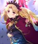  1girl bangs birdcage black_dress blonde_hair blue_fire blurry blurry_background blush breasts cage cape closed_mouth commentary_request depth_of_field dress earrings ereshkigal_(fate/grand_order) eyebrows_visible_through_hair fate/grand_order fate_(series) fire hair_ribbon hood hood_down hooded_cape infinity jewelry long_hair long_sleeves looking_at_viewer parted_bangs red_cape red_eyes red_ribbon ribbon skull sleeves_past_wrists small_breasts smile solo spine tiara tsuedzu two_side_up very_long_hair 