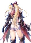  1girl ass azasuke black_gloves blonde_hair bow from_behind gloves granblue_fantasy hair_bow hair_ornament hip_armor holding holding_sword holding_weapon long_hair looking_back microskirt ponytail red_eyes shoulder_armor skirt solo sword vira_lilie weapon white_skirt 