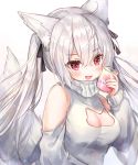  1girl :d animal_ear_fluff animal_ears bangs black_ribbon blush breasts can cleavage cleavage_cutout commentary_request eyebrows_visible_through_hair fox_cutout fox_ears fox_girl fox_tail hair_between_eyes hair_ribbon hand_up highres holding holding_can looking_at_viewer medium_breasts open_mouth original red_eyes ribbon rukako shoulder_cutout sidelocks silver_hair simple_background smile solo sweater tail tail_raised turtleneck turtleneck_sweater upper_body white_background white_sweater 