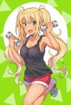  1girl bangs black_shirt blonde_hair breasts cleavage cross-laced_footwear dark_skin denim denim_shorts dumbbell dumbbell_nan_kilo_moteru? eyebrows_visible_through_hair fang green_background green_eyes holding large_breasts leg_up long_hair looking_at_viewer open_mouth red_shorts sakura_hibiki shirt shoes short_shorts shorts skin_fang smile sneakers solo standing standing_on_one_leg sweat tank_top totonii_(totogoya) twintails weight_loss white_footwear 