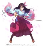  1girl amamiya_sakura bangs blue_eyes blush boots brown_hair cherry_blossoms full_body hair_ribbon holding holding_sword holding_weapon japanese_clothes katana kimono long_hair looking_at_viewer narumi_nanami official_art open_mouth ribbon sakura_taisen shin_sakura_taisen simple_background solo star_ocean star_ocean_anamnesis sword weapon white_background 