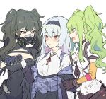  3girls bangs black_gloves camouflage_jacket collared_shirt commentary_request eye_contact eyebrows_visible_through_hair gas_mask girls_frontline gloves green_hair hairband long_hair looking_at_another m950a_(girls_frontline) multiple_girls open_mouth red_eyes sangvis_ferri scar scarecrow_(girls_frontline) shirt silver_hair simple_background thunder_(girls_frontline) twintails white_background white_shirt zocehuy 