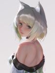 1girl animal_ear_fluff animal_ears arknights bangs bare_shoulders blush breasts choker closed_mouth dress eyebrows_visible_through_hair gradient_hair green_dress green_eyes highres kal&#039;tsit laozhanshi lips looking_at_viewer looking_back medium_breasts multicolored_hair off_shoulder silver_hair solo upper_body 