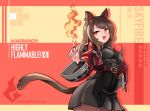  1girl animal_ears arknights brown_hair cat_ears cat_tail character_name ear_piercing earrings english_text fire jewelry magic phandit_thirathon piercing red_eyes ring skyfire_(arknights) solo tail translation_request 