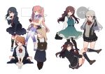  6+girls :o ahoge arm_up backpack bag belt belt_buckle black_clothes black_hair black_legwear black_skirt blonde_hair blue_eyes blue_skirt blush bow bowtie brown_eyes brown_hair buckle cellphone character_request checkered checkered_bow collared_shirt commentary_request dress eyepatch from_behind from_side full_body hair_ornament hair_ribbon hairclip heterochromia holding holding_bag holding_phone ikeuchi_tanuma kneehighs long_hair long_sleeves looking_at_viewer looking_away medical_eyepatch multiple_girls neckwear open_mouth original pantyhose phone pink_hair red_eyes red_neckwear ribbon school_bag school_briefcase school_uniform shirt shoes silver_hair simple_background sitting skirt smartphone smile sneakers socks standing teeth twintails uniform white_background white_footwear white_shirt 
