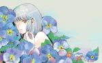 1girl absurdres bangs bare_shoulders blue_flower flower grey_background grey_hair highres looking_at_viewer medium_hair one_eye_covered original oversized_flowers pansy parted_lips red_flower richard_(ri39p) solo upper_body yellow_eyes 