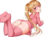  1girl ao_no_kanata_no_four_rhythm arisaka_mashiro ass blush brown_hair from_behind hood legs long_hair looking_back lying no_pants on_stomach open_mouth panties pink_eyes pink_legwear pink_panties pink_shirt shirt simple_background soles solo thighhighs thighs twintails underwear white_background zirba 