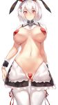  1girl adapted_costume anchor_choker animal_ears apron azur_lane bangs black_shorts blush breasts breasts_apart bunny_ears choker cleavage collarbone commentary_request covered_nipples cowboy_shot crotchless eyebrows_visible_through_hair fake_animal_ears frilled_apron frilled_choker frills hair_between_eyes heart heart_pasties highres large_breasts looking_at_viewer maebari navel pasties red_eyes revealing_clothes reverse_bunnysuit reverse_outfit ribbon ruwoka scrunchie short_hair shorts shrug_(clothing) sidelocks simple_background sirius_(azur_lane) smile solo standing stomach thigh_ribbon thighhighs white_background white_hair white_legwear white_scrunchie wrist_scrunchie 