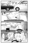  armband car collision dress glint ground_vehicle hair_ribbon highres horns kicchou_yachie knocking konpaku_youmu looking_back motor_vehicle patterned_clothing rear-view_mirror ribbon scared seatbelt touhou warugaki_(sk-ii) wide-eyed wily_beast_and_weakest_creature 