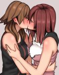  blue_eyes breasts brown_hair kairi_(kingdom_hearts) kingdom_hearts kingdom_hearts_ii kiss looking_at_another medium_hair multiple_girls olette red_hair simple_background sleeveless umonebi yuri 