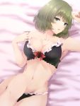  1girl :0 arm_up armpits bangs bare_arms bed bed_sheet black_bra black_panties blue_eyes blush bra breasts chestnut_mouth cleavage collarbone eyebrows_visible_through_hair frill_trim from_above green_eyes green_hair highres idolmaster idolmaster_cinderella_girls knee_up lace lace-trimmed_bra large_breasts looking_at_viewer lying mole mole_under_eye navel on_back on_bed panties ryuu. short_hair solo strap_slip takagaki_kaede underwear 