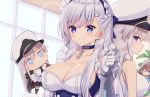  2girls azur_lane bald_eagle bangs belfast_(azur_lane) belt bird black_belt black_coat black_neckwear blue_eyes blush braid breasts chain character_doll cleavage coat collar collarbone dress eagle enterprise_(azur_lane) eyebrows_visible_through_hair french_braid frills gloves hat large_breasts long_hair looking_at_viewer maid maid_headdress military_hat multiple_girls open_clothes open_coat peaked_cap shirt silver_hair sleeveless sleeveless_shirt smile takeg05 underbust white_gloves white_hair white_headwear window 