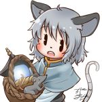  1girl ahoge animal_ear_fluff animal_ears avatar_icon basket bishamonten&#039;s_pagoda black_eyes blush capelet chamaji commentary_request eyebrows_visible_through_hair grey_hair hair_between_eyes holding holding_basket long_sleeves lowres mouse mouse_ears mouse_tail nazrin open_mouth partial_commentary round_teeth short_hair signature simple_background solo tail teeth touhou upper_body white_background 