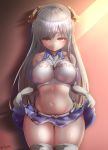  1girl artist_name ass_visible_through_thighs azur_lane bangs bare_shoulders belt black_choker blush breasts character_name cheerleader choker collarbone collared_shirt commentary_request cowboy_shot crop_top cygnet_(azur_lane) cygnet_(royal_fanfare)_(azur_lane) elbow_gloves eyebrows_visible_through_hair frown gloves groin hair_ornament hair_ribbon highres impossible_clothes impossible_shirt large_breasts lifted_by_self light_rays long_hair looking_at_viewer midriff miniskirt navel panties panty_peek partial_commentary pink_background purple_skirt red_eyes ribbon sawa_(sawaillust) shadow shirt sidelocks skirt skirt_lift sleeveless sleeveless_shirt solo sunbeam sunlight tears thighhighs two_side_up underwear whistle whistle_around_neck white_belt white_gloves white_hair white_legwear white_panties white_shirt yellow_ribbon zettai_ryouiki 