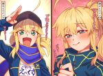  2girls :d ahoge aqua_eyes artoria_pendragon_(all) blonde_hair blue_eyes blue_jacket blush commentary_request fate/grand_order fate_(series) hat heart highres jacket looking_at_viewer mithurugi-sugar multiple_girls mysterious_heroine_x mysterious_heroine_xx_(foreigner) open_mouth pink_background ponytail salute scarf shirt smile translated upper_body white_shirt 