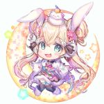  &gt;_&lt; 1girl :d animal_ears bangs black_legwear blonde_hair blue_eyes boots bunny_ears bunny_hair_ornament chibi crescent double_bun dress eyebrows_visible_through_hair flower full_body fur-trimmed_boots fur-trimmed_dress fur-trimmed_gloves fur_trim gloves hair_between_eyes hair_flower hair_ornament highres kagami_mochi long_sleeves looking_at_viewer low_twintails on_head open_mouth outstretched_arms pink_dress pink_flower rukako shironeko_project smile solo spread_arms star thighhighs tsukimi_(shironeko_project) twintails white_background white_footwear white_gloves wide_sleeves 