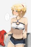  1girl absurdres bangs bare_arms bare_shoulders belt blonde_hair blush braid breasts brown_belt collarbone commentary_request eyebrows_visible_through_hair fate/apocrypha fate/grand_order fate_(series) fur_trim green_eyes highres jacket jacket_removed jewelry long_hair mordred_(fate) mordred_(fate)_(all) navel necklace ponytail red_jacket red_scrunchie scrunchie short_shorts shorts smile solo yu_(oekakikaki) 