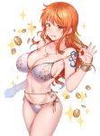  1girl absurdres bangs bikini bikini_pull blush breasts cleavage closed_mouth coin collarbone highres jewelry large_breasts long_hair looking_at_viewer nami_(one_piece) naughty_face navel necklace one_piece orange_eyes orange_hair side-tie_bikini solo sparkle star star_print swimsuit tattoo tongue tongue_out white_bikini yakimi_27 