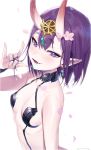  1girl bangs bare_shoulders blush bob_cut breasts collarbone earrings eyeliner fang fate/grand_order fate_(series) fellatio_gesture flower freng hair_flower hair_ornament headpiece holding holding_hair horns jewelry looking_at_viewer makeup oni oni_horns open_mouth petals pointy_ears purple_eyes purple_hair revealing_clothes short_eyebrows short_hair shuten_douji_(fate/grand_order) simple_background skin-covered_horns small_breasts smile solo white_background 