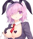  alternate_costume animal_ears black_gloves blush breasts bunny_ears bunny_girl cleavage collarbone commentary_request eyebrows_visible_through_hair fate/grand_order fate_(series) gloves heart_pasties large_breasts looking_at_viewer mash_kyrielight morizono_shiki necktie parted_lips pasties red_neckwear reverse_bunnysuit reverse_outfit simple_background white_background 