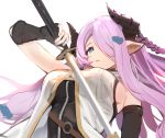  1girl bangs bare_shoulders belt black_dress black_gloves blue_eyes braid breasts draph dress elbow_gloves fingerless_gloves fpanda gloves granblue_fantasy hair_over_one_eye horns katana large_breasts lavender_hair long_hair looking_at_viewer low_tied_hair narmaya_(granblue_fantasy) o-ring parted_lips pointy_ears sidelocks simple_background single_braid sleeveless solo sword vest weapon white_background white_vest 