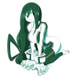  1girl arm_support asui_tsuyu bodysuit boku_no_hero_academia breasts closed_mouth expressionless eyebrows_visible_through_hair highres large_breasts long_hair looking_at_viewer monochrome seiza sitting solo theycallhimcake very_long_hair 