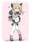 1girl alternate_costume apron bangs black_dress black_footwear black_neckwear blush bow bowtie closed_mouth collared_dress commentary dress dress_lift enmaided frilled_dress frilled_sleeves frills frown full_body garter_straps girls_und_panzer leaning_forward lifted_by_self light_brown_eyes light_brown_hair long_hair maid maid_apron maid_headdress mary_janes one_side_up outside_border panties panty_pull pink_background puffy_short_sleeves puffy_sleeves pulled_by_self shadow shimada_arisu shoes short_sleeves solo squiggle standing sweatdrop tewarusa thighhighs underwear white_apron white_legwear 