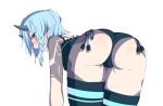  1girl ass blue_hair blush highres horns io_(pso2) light_blue_hair looking_at_viewer ofudou open_mouth phantasy_star phantasy_star_online_2 short_hair simple_background solo tattoo thighhighs white_background yellow_eyes 