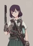  1girl chinese_commentary commentary_request dated earpiece etmc1992 gloves gun highres holding holding_gun holding_weapon load_bearing_vest original purple_eyes purple_hair remington_870 sawed-off_shotgun school_uniform shotgun simple_background solo weapon weapon_request 