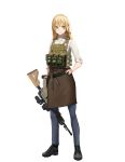  1girl absurdres apron assault_rifle blonde_hair cureeper0210 full_body green_eyes gun h&amp;k_hk416 hand_on_hip highres holding holding_gun holding_weapon long_hair oldschool original plate_carrier pointy_ears rifle solo weapon white_background 
