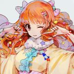  1girl brown_eyes eyebrows_visible_through_hair grey_background hair_ornament hairclip idolmaster idolmaster_cinderella_girls japanese_clothes kimono long_hair looking_at_viewer mo_(mocopo) moroboshi_kirari one_eye_closed parted_lips pink_sash simple_background smile solo star star_hair_ornament upper_body yellow_kimono 