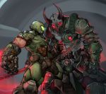  2boys absurdres arm_blade axe battle_axe biceps black_sclera breastplate clenched_hands covered_mouth demon_boy demon_horns doom_(game) doom_eternal doomguy double-barreled_shotgun energy_axe faceoff glowing glowing_eyes grey_skin gun height_difference helmet highres holding holding_weapon holstered_weapon horns kelvin_hiu male_focus manly marauder_(doom_eternal) multiple_boys muscle power_armor red_eyes shotgun shoulder_armor veins weapon 