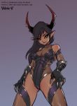  1girl armored_leotard black_hair clawed_gauntlets dark_skin demon_girl gauntlets horns long_hair pointy_ears purple_armor see-through simple_background smirk source_request succubus tera_online thighhighs twitter_username valerie-v watermark web_address yellow_eyes 