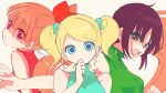  3girls :&lt; bangs bare_arms bare_shoulders blonde_hair blossom_(ppg) blue_dress blue_eyes bow breasts brown_hair bubbles_(ppg) buttercup_(ppg) closed_mouth commentary_request dress eyebrows_visible_through_hair green_dress green_eyes hair_bow hand_up highres looking_at_viewer looking_to_the_side multiple_girls open_mouth pink_eyes ponytail powerpuff_girls red_bow red_dress signature simple_background sleeveless sleeveless_dress small_breasts sofra swept_bangs twintails twitter_username upper_body white_background 