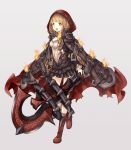  1girl bangs belt belt_buckle blonde_hair blunt_bangs blush boots bow brown_belt brown_dress buckle cape catbell dress fire full_body grey_background hair_bow highres holding holding_weapon hood hood_up hooded_cape knee_boots little_red_riding_hood_(sinoalice) long_hair long_sleeves looking_at_viewer open_mouth red_cape red_footwear red_hood short_dress simple_background sinoalice solo spikes torn_clothes upper_teeth walking wavy_hair weapon white_bow yellow_eyes 