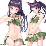  1girl :d animal_ear_fluff animal_ears bangs bare_arms bare_shoulders black_hair black_neckwear breasts commentary_request crop_top extra_ears eyebrows_visible_through_hair frilled_shirt frills green_shirt green_skirt groin highres k_mugura kirihara_kasumi lifted_by_self long_hair looking_at_viewer midriff multiple_views navel necktie nipples open_mouth pleated_skirt ponytail princess_connect! princess_connect!_re:dive purple_eyes shirt short_necktie simple_background sitting skirt small_breasts smile standing upper_teeth very_long_hair white_background 