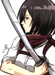  1girl belt black_eyes black_hair holding holding_sword holding_weapon kiss kokomi_(aniesuakkaman) mikasa_ackerman muscle muscular_female paradis_military_uniform scarf shingeki_no_kyojin shirt short_hair sleeves_rolled_up solo strap sword toned weapon 