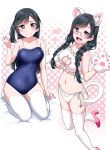  1girl :d =d animal_ears animal_print arm_up bangs bare_arms bed_sheet black_eyes black_hair blue_swimsuit blunt_bangs blush bra braid breasts cat_ears cat_lingerie cat_panties cat_paws cat_print cat_tail cleavage cleavage_cutout collarbone frill_trim glasses hair_between_eyes hair_over_shoulder halftone halftone_background heart high_heels highres knee_up long_hair looking_at_viewer love_live! love_live!_school_idol_festival love_live!_school_idol_festival_all_stars medium_breasts meme_attire multiple_views nail_polish navel on_bed one-piece_swimsuit open_mouth panties paws pink_footwear polka_dot polka_dot_background print_panties school_swimsuit seiza side-tie_panties sitting smile swimsuit tail thighhighs twin_braids underwear upper_teeth white_bra white_legwear white_panties yopparai_oni yuuki_setsuna_(love_live!) 