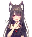  1girl :d animal_ear_fluff animal_ears black_shirt brown_hair hand_to_own_mouth heart_pendant highres kyubi long_hair off_shoulder open_mouth original red_eyes shirt short_sleeves smile upper_body 