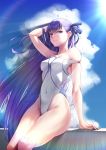  1girl blue_eyes breasts cloud collarbone commentary_request competition_swimsuit covered_navel fate/grand_order fate_(series) happymonk highres long_hair looking_at_viewer meltryllis off_shoulder one-piece_swimsuit purple_hair sitting solo sunlight swimsuit swimsuit_pull 