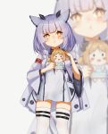  1girl absurdres animal_ears arknights blue_hair character_doll diamond-shaped_pupils doll hair_ornament highres ifrit_(arknights) ldd.ek owl_ears pout ptilopsis_(arknights) rhine_lab_logo short_hair symbol-shaped_pupils thighhighs younger 