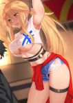  1boy 1girl :d absurdres ahoge arm_up artoria_pendragon_(all) artoria_pendragon_(lancer) bangs black_panties blonde_hair blush breasts cardigan_around_waist commentary covered_nipples crop_top denim denim_shorts earrings eyebrows_visible_through_hair fate/grand_order fate_(series) genjung green_eyes hair_between_eyes hair_tie highres indoors jewelry large_breasts long_hair looking_back navel no_bra o-ring open_mouth panties panty_peek ponytail red_cardigan shirt shirt_lift short_shorts shorts sidelocks smile solo_focus standing swept_bangs thigh_strap torn_clothes torn_shorts underboob underwear very_long_hair white_shirt 