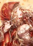  1girl bangs belt blonde_hair blood bloody_weapon blunt_bangs bow breasts brown_belt cape cleavage dr. holding holding_scissors hood hood_up hooded_cape little_red_riding_hood_(sinoalice) long_hair long_sleeves looking_at_viewer open_mouth red_bow red_cape red_hood scissors simple_background sinoalice small_breasts solo splatter teeth upper_body wavy_hair weapon yellow_eyes 