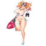  1girl :3 ahoge auto_guard_system bikini binoculars censored cerberus_(last_origin) character_doll fang goggles goggles_on_head hair_between_eyes highres last_origin lifeguard looking_at_viewer miss_safety mole mole_under_eye navel nipple_slip nipples official_art orange_hair sd3m_pupphead short_hair short_twintails sima_(startwitch) solo surfboard swimsuit transparent_background twintails two_side_up v whistle whistle_around_neck white_swimsuit wide_hips 