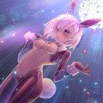  1girl absurdres animal_ears bangs blush breasts bunny_ears bunny_girl commentary_request dated detached_sleeves eyebrows_visible_through_hair fate/grand_order fate_(series) hair_over_one_eye highres izumi_mogu looking_at_viewer mash_kyrielight medium_breasts navel purple_eyes revealing_clothes reverse_bunnysuit reverse_outfit short_hair solo 
