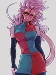  1girl android_21 big_hair black-framed_eyewear black_sclera breasts checkered checkered_dress detached_sleeves dragon_ball dragon_ball_fighterz dress earrings glasses grey_background hair_between_eyes hoop_earrings jewelry kemachiku large_breasts long_hair looking_at_viewer majin_android_21 pink_skirt pointy_ears red_eyes simple_background skirt solo tail white_hair 