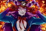  1boy aves_plumbum9 blue_eyes double_v emotional_engine_-_full_drive explosion fate/grand_order fate_(series) gloves hands_up hat highres horns long_hair long_sleeves looking_at_viewer makeup male_focus mephistopheles_(fate/grand_order) open_mouth parody purple_eyes purple_hair smile solo sparkle tongue tongue_out v 